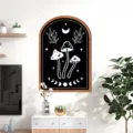 Nordic wooden framed wall art with mystical mushroom and moon design for modern room decor. - MZ469