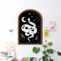 Wooden Framed Arch Wall Art Black And White Snake Moon Star Nordic Decorative Painting - MZ471