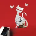DIY acrylic mirror cat wall clock with butterfly stickers for modern living room home decor - GZ003 Cat Style / Silver