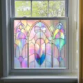 Close-up detail of colorful window film on glass, showing stained glass design and beautiful light effects. - BL302 / Small Size 50x50cm
