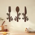 Sticker mural créatif en bois 3D coutellerie fourchette cuillère cuisine décoration - MZ186B : grain de bois de noyer