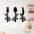 Sticker mural en bois couverts cuisine deco 3d fourchette cuillere couteau art mural - MZ186C : grain de bois noir