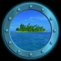 Detail view of the luminous porthole fridge sticker featuring a tropical island view. - KYYG004 - Blue Glow