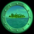 Luminous porthole wall sticker detail showcasing tropical island scene and glowing green rim effect. - KYYG004 - Green Glow