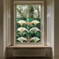 Decorative stained glass window film, green art deco fan static cling privacy sticker. - BL309
