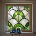 Detailed view of green and white geometric window glass film, static cling decorative sticker. - BL310