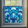 Static cling decorative window film with blue art deco scallop pattern for home glass. - BL314