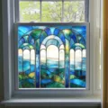 Stained glass window film detail view, colorful arch design PVC static cling for home glass decor. - BL316
