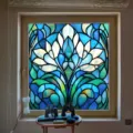 Vibrant blue floral stained glass window film, static cling decorative glass sticker for home. - BL317