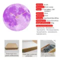 Luminous purple moon wall clock detail showing acrylic material, silent sweep movement and 30cm size. - Purple