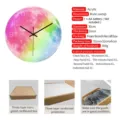 Acrylic luminous moon wall clock 30cm silent sweep movement modern home decor detail - Rainbow