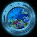 Luminous porthole wall sticker featuring vibrant ocean world, coral reefs and tropical fish. - KYYG007 - Blue Glow