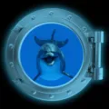 Close-up detail of glowing porthole wall sticker featuring a cheerful dolphin design. - KYYG009 - Blue Glow