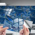 Autocollant de carrelage marbre bleu or imperméable adhésif papier peint cuisine mur - DLS036