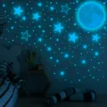 Autocollants muraux lune et étoiles lumineuses phosphorescents déco chambre d'enfant. - Ensemble Lune Étoiles / Ensemble de 30cm / Bleu lumineux