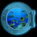 Glow in the dark porthole wall sticker featuring vibrant marine animals and underwater coral. - KYYG012 - Blue Glow