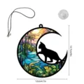 Buntglas Stil Mondsichel Katze Hänge-Dekor Schild mit Saugnapf und schwarzer Kordel 12cm - TYU407