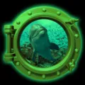 Close-up detail of the glowing porthole wall sticker featuring a vivid marine dolphin ocean scene. - KYYG013 - Green Glow