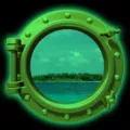 Detail shot of the luminous porthole fridge sticker featuring a tropical ocean window view. - KYYG016 - Green Glow