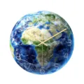 Close-up detail view of the earth planet wall clock featuring white numbers and gold hands. - Luminous CC092