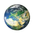 Acrylic earth wall clock detail view, featuring glowing planet design with clear white numbers. - Luminous CC091