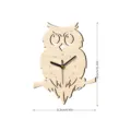 Wooden owl wall clock detail showing size dimensions 21.5x28.6cm and clock face numbers. - MCC412-Style A / 5mm Thickness