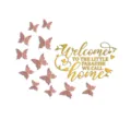 Acrylic mirror wall sticker with gold letters and pink hollow butterflies design, variant style. - Gold + Rose Gold