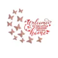 3D acrylic mirror wall sticker with welcome home letters and butterflies for room decor. - Red + Rose Gold