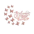 Pink acrylic mirror wall sticker featuring welcome text and butterflies for DIY home decor. - Rose Gold with Rose Gold Glitter