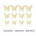 Gold 3D hollow butterfly wall stickers, 12pcs pack with 12cm, 10cm, and 8cm sizes. - Style D / Gold