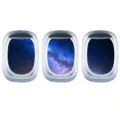 Détail d'autocollant mural hublot d'avion, vue galaxie nuit étoilée brillante chambre enfant. - Bleu / YGP116
