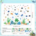 Ocean animals wall sticker size chart showing whale turtle fish elements for kids room decor. - YGP133 (Marine Animals) / Blue Luminous