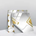 Waterproof crystal tile sticker with white marble texture and gold geometric patterns. - TS235