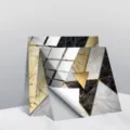 Detail shot of modern geometric marble tile sticker with gold lines and peel-off backing. - TS230