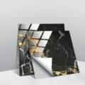 Black and gold marble tile sticker detail view, waterproof self-adhesive wall decor decal. - TS229