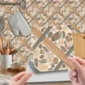Self-adhesive tile sticker with wood grain and pebble pattern for kitchen wall decor removable - WDT021