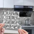 3D mosaic tile sticker detail showing textured self-adhesive surface in kitchen setting. - MSC114