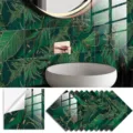 Green and gold tropical leaf tile stickers self-adhesive waterproof crystal film wall decor. - TS331