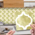 Olive Green Moroccan Quatrefoil Tile Sticker Peel and Stick Self Adhesive PVC Wall Decal - MSC165 / Glossy Film 15x15cm 10pcs
