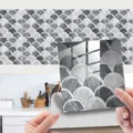 Detailed view of marble fish scale tile sticker with crystal film, 3D peel and stick wall decor. - DJ-023 / 10x10cm 25 Pcs