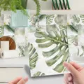 Sticker carrelage étanche feuille de monstera tropicale pour rénovation mur de cuisine et déco. - Feuilles Tropicales Vertes / 10x10cm-24 Pièces