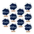 Números de mesa de acrílico con base de madera, decoración de boda moderna. - Números de Hexágono Pincel Azul 11-20 con Base