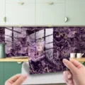 Purple gold marble texture tile sticker detail shot, self-adhesive waterproof wall decor. - DLS088
