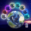 Detail view of the LED Earth wall lamp showing multiple color lighting modes and remote control. - S / Earth Lamp