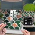 Αυτοκόλλητο Πλακιδίων 3D Μοτίβο Ψαροκόκαλο Πράσινο Πορτοκαλί Αδιάβροχο για Τοίχο - DJ-037