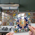 Close-up detail of Moroccan style tile sticker in kitchen, colorful retro waterproof decor. - ET283