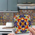 Detailed view of vibrant Moroccan style tile sticker featuring colorful floral geometric patterns. - ET284
