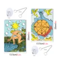 Tarot card window hanging detail showing dimensions, metal plaque design, suction hook and chain accessories. - TYU453