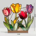 Stained glass style tulip acrylic desktop ornament with wooden base, vibrant floral home decor. - BTU477
