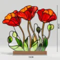 Stained glass style poppy acrylic desktop ornament with wooden base, 21x15cm home decor. - BTU478